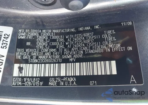 2009 Toyota Sienna Xle from USA, damaged, VIN 5TDBK22C09S026310